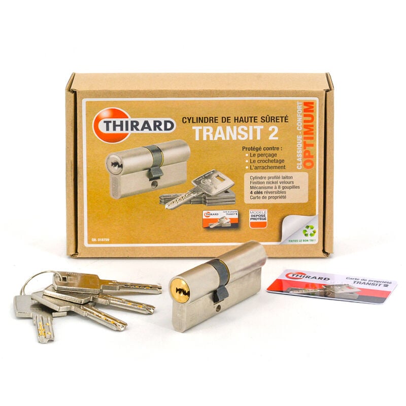 Cylindre de sécurité nickelé pour porte transit 2 Thirard Dimension - 30 x 40 mm