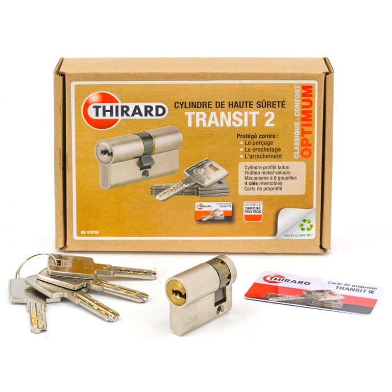 Cylindre de sécurité nickelé pour porte transit 2 THIRARD Dimension - 30 x 10 mm