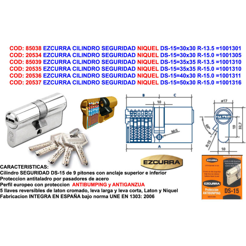 Cylindre de sécurité anti-chocs en nickel Ezcurra DS-1540x30 R-15