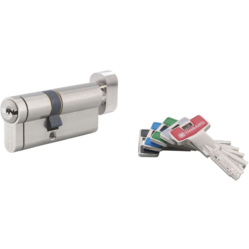Cylindre de serrure à bouton T2, 40Bx30mm, nickel, anti-arrachement, anti-perçage, anti-crochetage, 5 clés