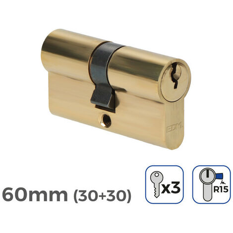 Cylindre en laiton 60 mm (30 + 30 mm) à came longue R15 avec 3 clés dentelées incluses EDM
