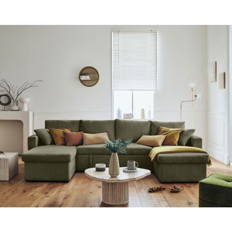 Bestmobilier - Cyrus - canapé panoramique en u - 7 places - convertible avec coffre - en velours côtelé - vert