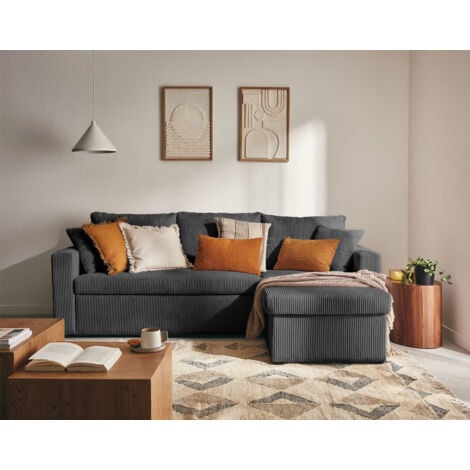 BESTMOBILIER Cyrus - ecksofa beidseitig montierbar 4-sitzer - schlaffunktion und bettkasten - aus cordstoff - dunkelgrau