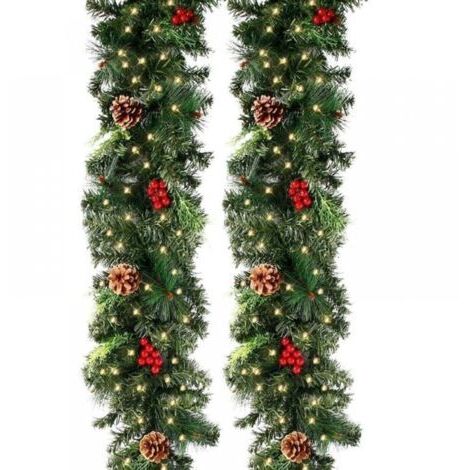 Cyslmuk – 270cm Artificial Christmas Tree Garland with Lights – 50 LEDs – 230 Heads – Pine Cones and Red Berries – Christmas Decoration for Fireplace and Staircase