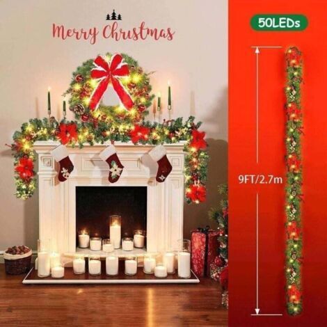 Cyslmuk – Ghirlanda natalizia artificiale da 2,7 m – Luci LED calde – Decorazione per interni ed esterni – PVC flessibile e portatile