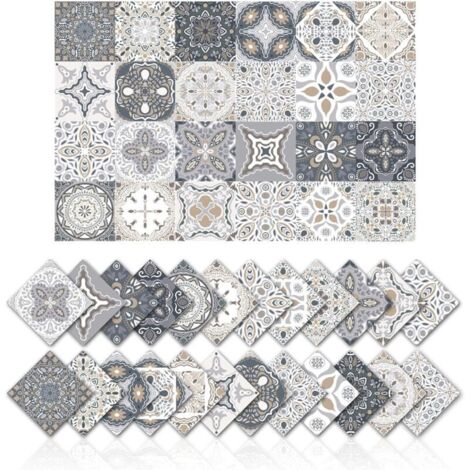 Cyslmuk – Lot de 24 autocollants carrelage 15x15 cm – Décoration murale adhésive en PVC imperméable – Carreaux de ciment vintage géométriques
