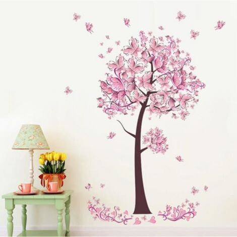 CZ Stickers muraux Pêcher Arbre et Papillons Roses 3D Bande Dessinée Art Murales Enfants Nursery Home Decor Decoration Mural Cadeau