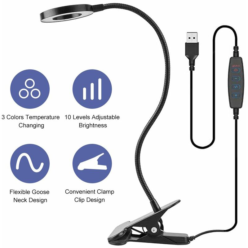 

D C 5 V 6 W 24 LED Abrazadera Clip Luz de escritorio, Lampara de mesa Alimentada por USB, Tubo con diseno de cuello de ganso