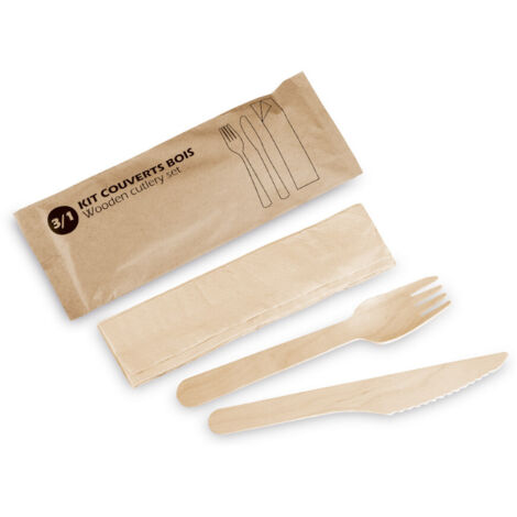D-Work Lot de 500 Couverts Bois 3 Pièces - Fourchette, Couteau et Serviette - Bois de Bouleau Certifié FSC 100% - Jetable, Naturel et Contact Alimentaire - Parfait pour Repas à Emporter et Événements