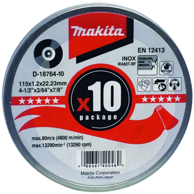 D-18764-10 Thin Cutting Discs Pack of 10 - 115mm x 1.2mm x 22.23mm - Makita