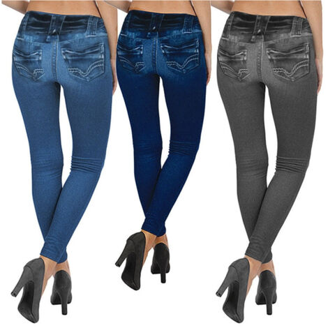 D19 Leggings Femmes Denim Leggings Jeans Effect One Size Fits All Dark Blue