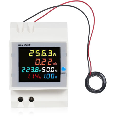 D52-2065 6-in-1 Digitaler Einphasen-Energiezähler-Tester, DIN-Schienenmontage, überwacht Spannung, Stromstärke, Leistungsfaktor, Wirkverbrauch (kWh), 40 V bis 300 V AC, 100 A