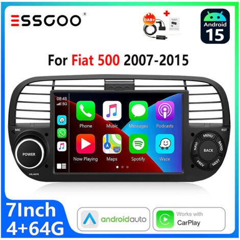 DAB+ Autoradio Android 15 pour Fiat 500 (2007–2015)  Écran Tactile 7 Pouces CarPlay sans Fil et Android Auto Blanc  - 4+64G DAB+