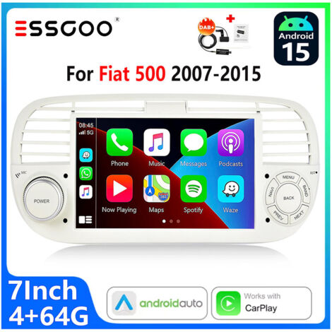 DAB+ Autoradio Android 15 pour Fiat 500 (2007–2015)  Écran Tactile 7 Pouces CarPlay sans Fil et Android Auto Blanc  - 4+64G DAB+
