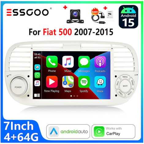 DAB+(en option) Autoradio Android 15 pour Fiat 500 (2007–2015)  Écran Tactile 7 Pouces CarPlay sans Fil et Android Auto Blanc  - 4+64G DAB+ CAM