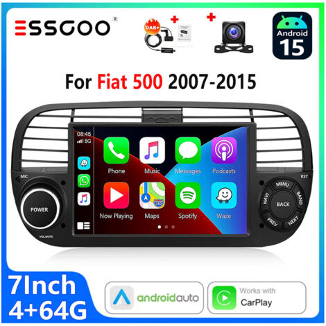 DAB+(en option) Autoradio Android 15 pour Fiat 500 (2007–2015)  Écran Tactile 7 Pouces CarPlay sans Fil et Android Auto Blanc  - 4+64G DAB+ CAM