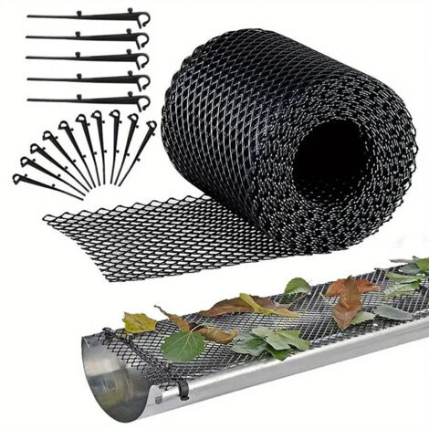 Dachrinnenschutznetz, 6 m x 15 cm Abflussnetz mit 10 Befestigungshaken, schwarzes Dachrinnenschutznetz – zuschneidbar und langlebig
