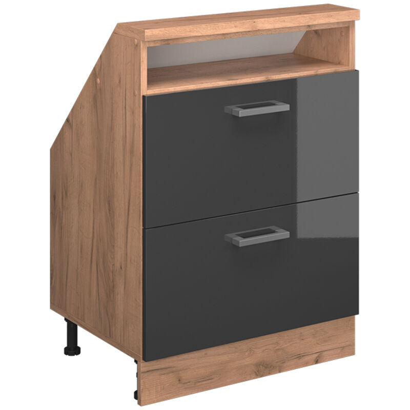 Dachschrägenschrank Rion, Anthrazit Hochglanz/goldkraft Eiche, Mit 2 Schubladen, Vicco
