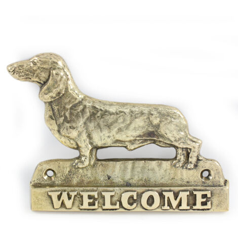 Dachshund - un cartel para puerta con un perro, una placa de bienvenida de latón, un cartel único con la inscripción Welcome de Art-Dog