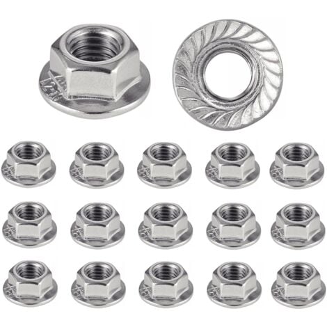 Dado in acciaio inox con flangia dentellata M4  dadi flangiati con rondella per viti Ø 4mm  Autobloccanti Esagonali DIN 6923 / ISO 4161  Acciaio inox A2 (V2A / 304) Dado di sicurezza: LOTTO DA 20 Pz