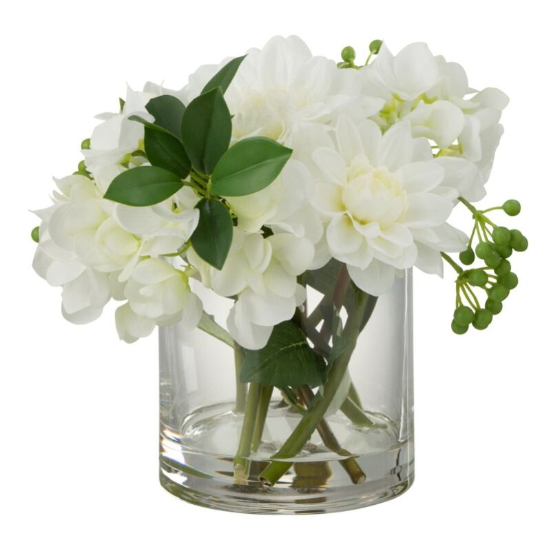 Jolipa - Dahlia hydrangea artificiel dans vase rond en plastique blanc 28x23x24 cm
