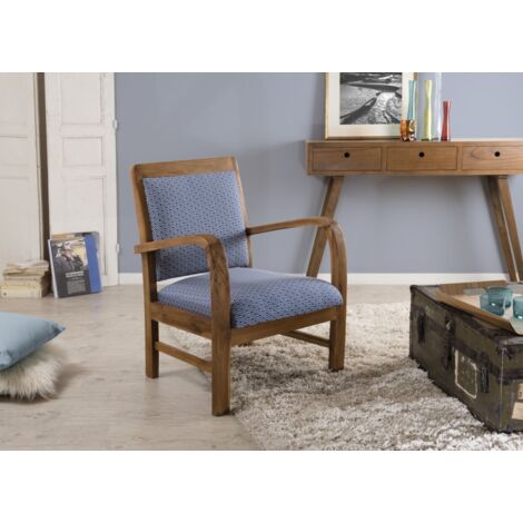 DAK - Fauteuil bois teck tissu bleu scandi