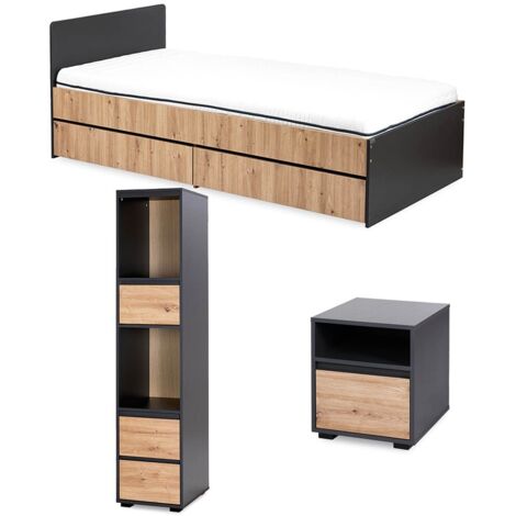 DALIA Chambre enfant adolescent avec lit, chevet, Etagère Anthracite/Chêne