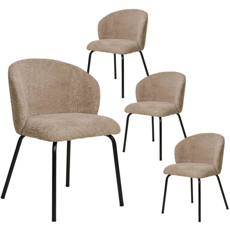 Altobuy - dalida - Lot de 4 Chaises Incurvées Tissu Bouclé Beige Pieds Métal Noir