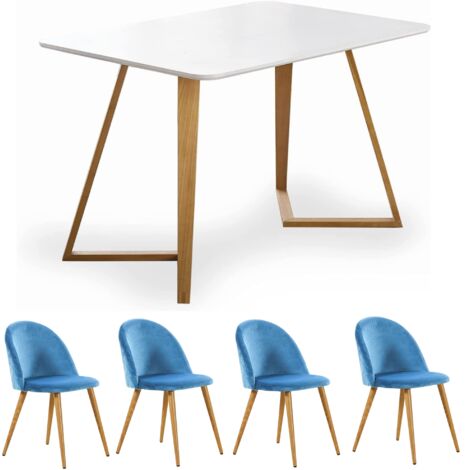 Dallas Lucia Dining Set - a White Wooden Dining Table and Set of 4 Blue Velvet Dining Chairs - Dining Room Kitchen