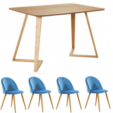 Dallas Lucia Dining Set - an Oak Wooden Dining Table and Set of 4 Blue Velvet Dining Chairs - Dining Room Kitchen