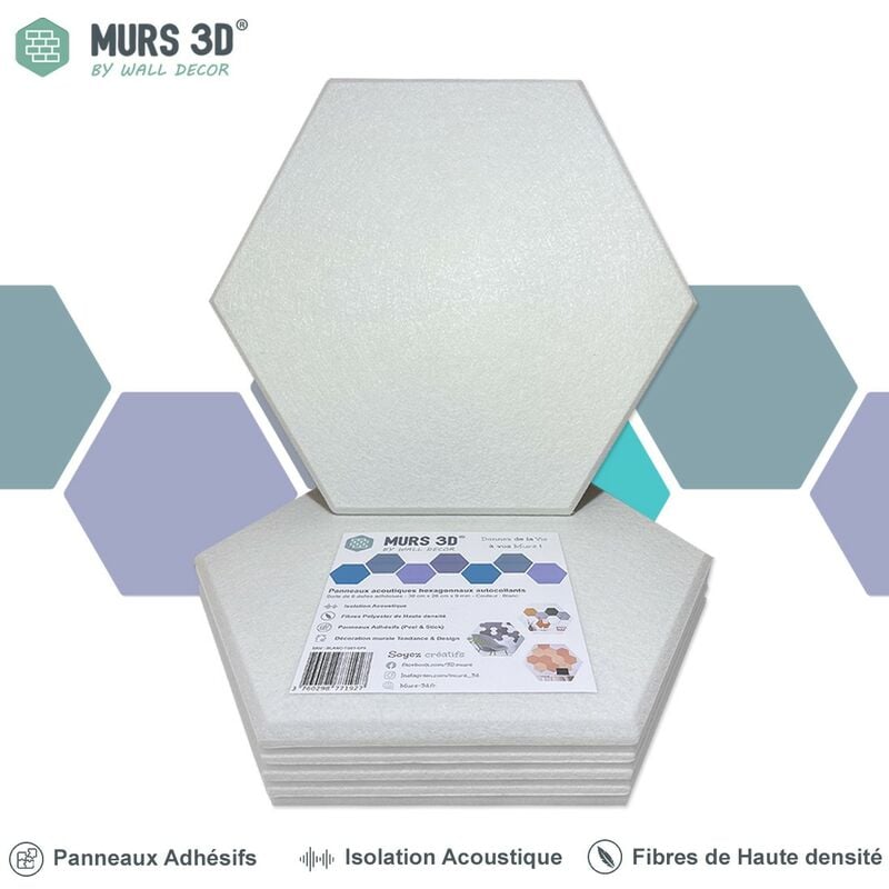 Dalle Acoustique - 6 panneaux adhésifs - 30x26cm - 9mm - Blanc Lisse