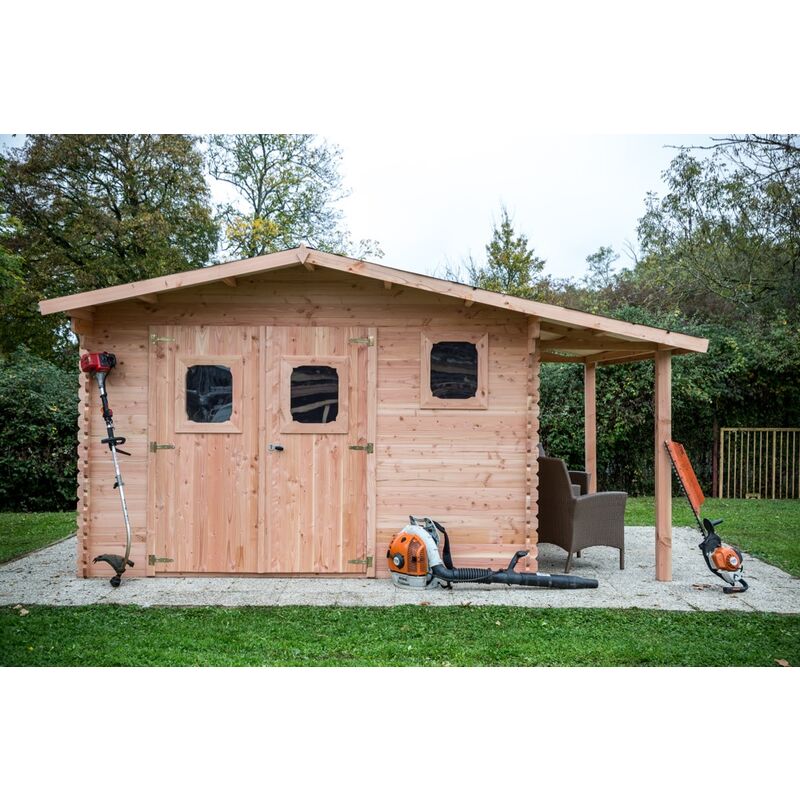 Abri dommar Douglas madriers 28 mm - 17,20 m² - avec bûcher - sans plancher - Habrita