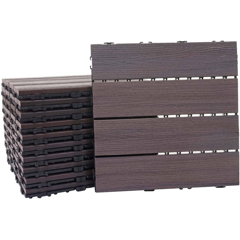 Jamais utilisé] Carreaux en wpc, HHG-169, aspect bois,pour terrasse, structure 3-D, 11 carreaux à 30x30 cm = 1 m² gris-marron
