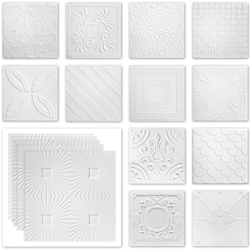 Dalles de plafond polystyrène xps blanc nombreux motifs 50x50cm paquet d'épargne no.01 à no.69: 10 m² / 40 plaques, n° 14