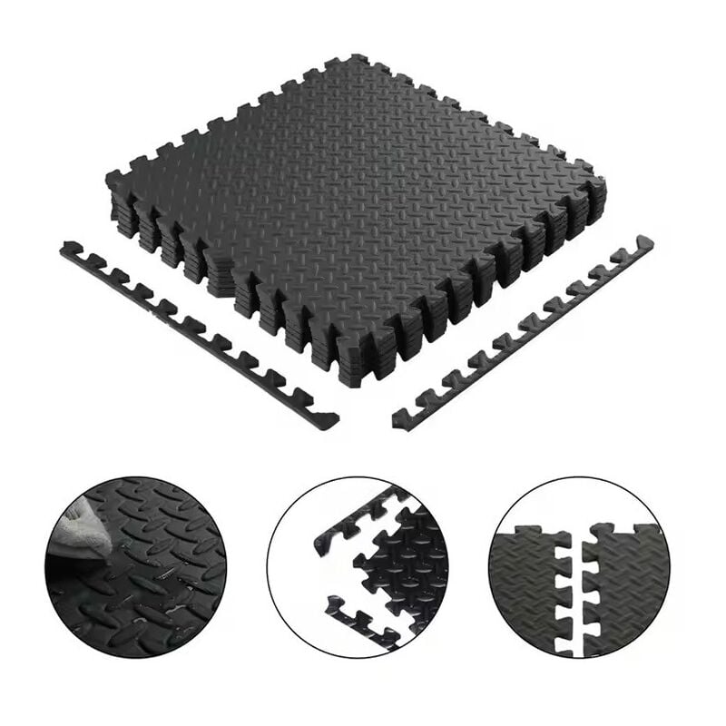 Dalles de sol puzzle Mousse eva Noir 12 mm - 120x120 cm - Lot de 4 dalles avec bordures