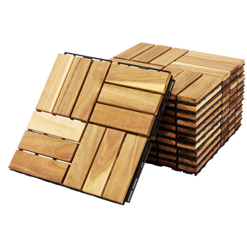 Lot de 10 dalles de terrasses 30x30cm en bois d'acacia. motif carré. clipsables