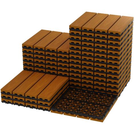 Dalles WPC aspect bois 30x30 cm, étanches et résistantes aux intempéries. Pose par clic simple, lot de 27 unités. Idéales pour terrasse, balcon, jardin et serre