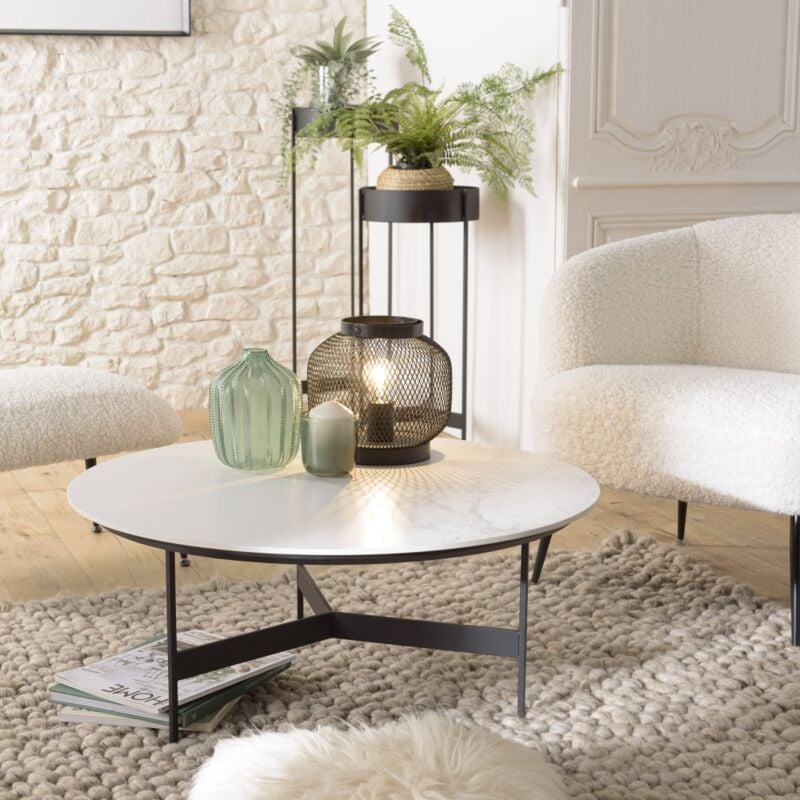 Macabane - daly - Table basse ronde 78x78cm plateau effet marbre piètement métal