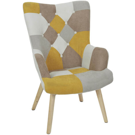 DAMAS - Fauteuil Motif Patchwork Jaune Taupe et Gris