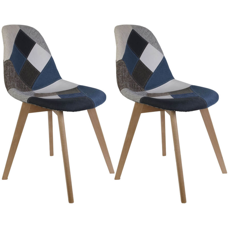 Altobuy – Lot de 2 chaises patchwork bleu et gris – Style scandinave – Assise tissu motif élégant – Piétement en hêtre massif – Dimensions 55,5 x 41