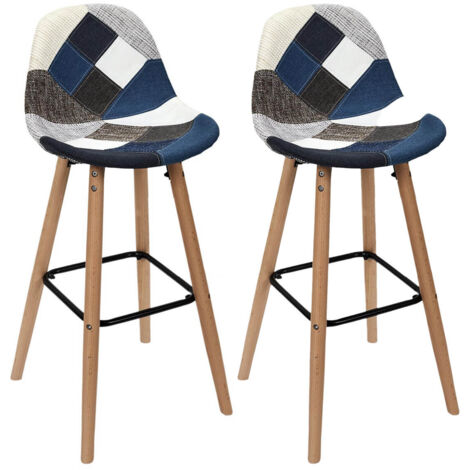DAMAS - Lot de 2 Tabourets Patchwork Bleu et Gris