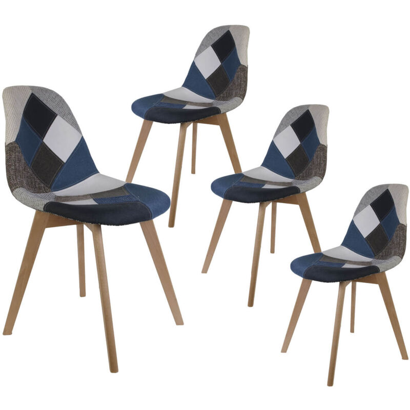DAMAS - Lot de 4 Chaises Patchwork Bleu et Gris