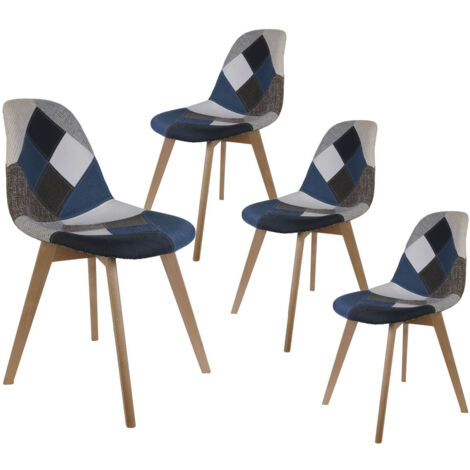 DAMAS - Lot de 4 Chaises Patchwork Bleu et Gris