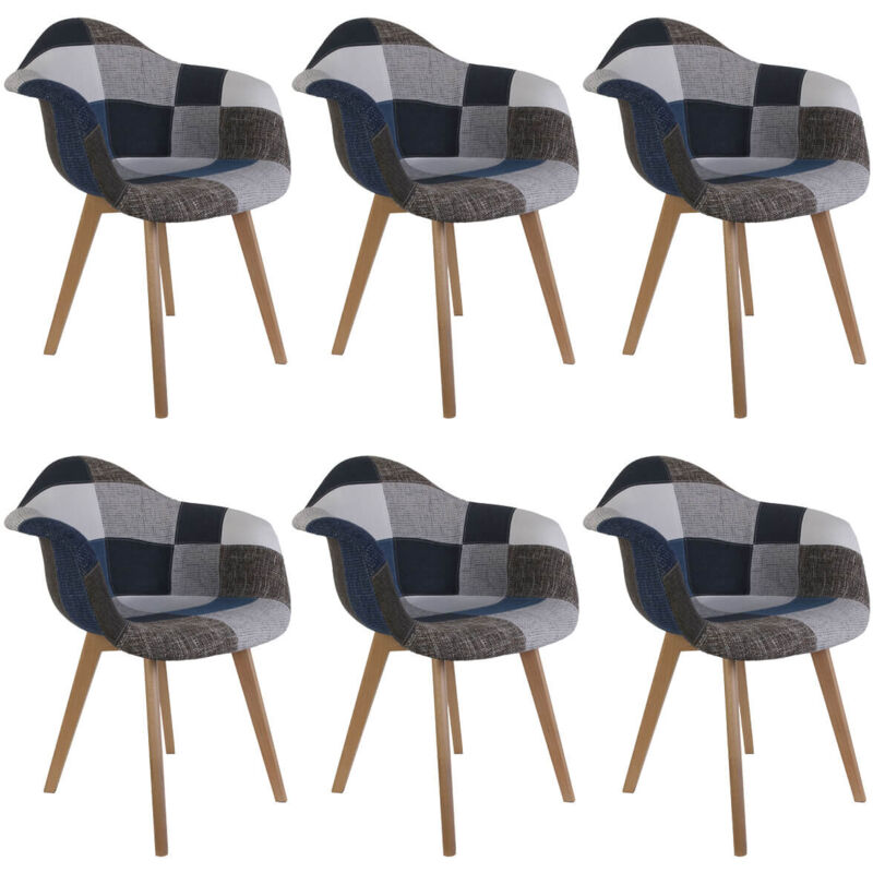 DAMAS - Lot de 6 Fauteuils Patchwork Bleu et Gris - Bleu