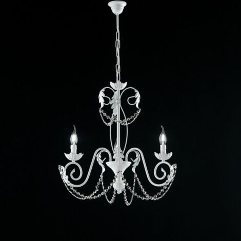 Damasco Lustre En Fer Laqué Blanc Déco Effet Shabby Chic Et Strass Cristal 3 Lumières 120 D.47 Bl77-3-Bco