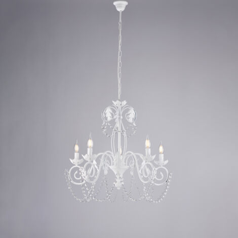 Damasco Lustre En Fer Laqué Blanc Déco Effet Shabby Chic Et Strass Cristal 5 Lumières 125 D.63 Bl77-5-Bco