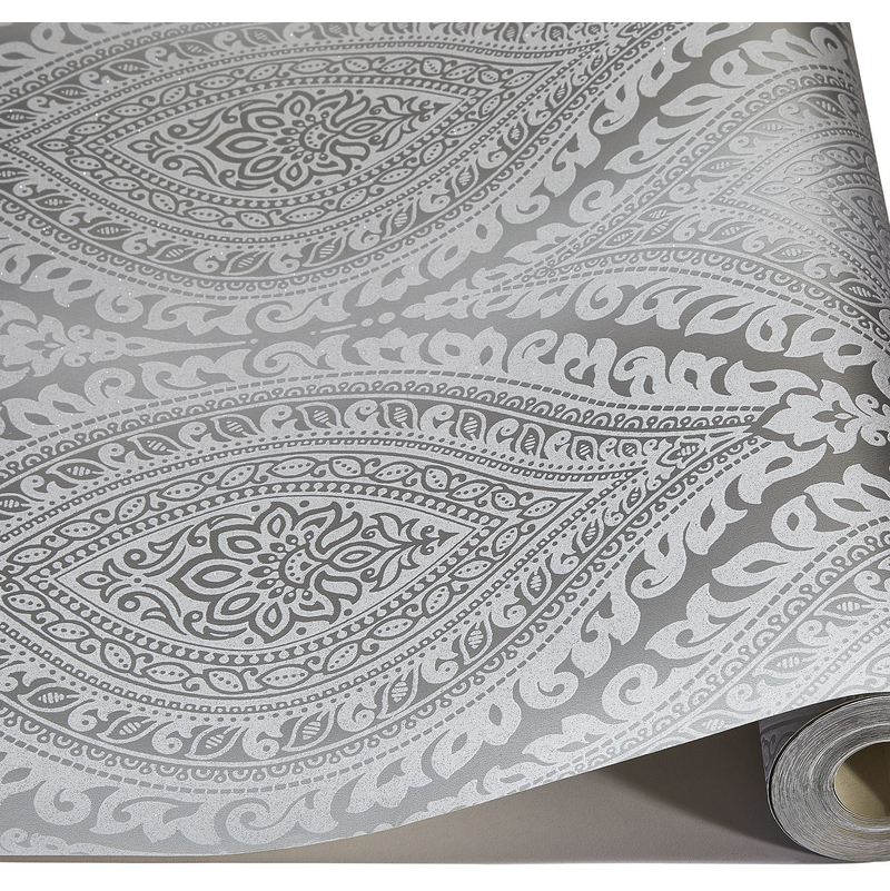 Kismet Damask Pattern Wallpaper Metallic Glitter Motif Art Deco (Silver A17703) - Grandeco