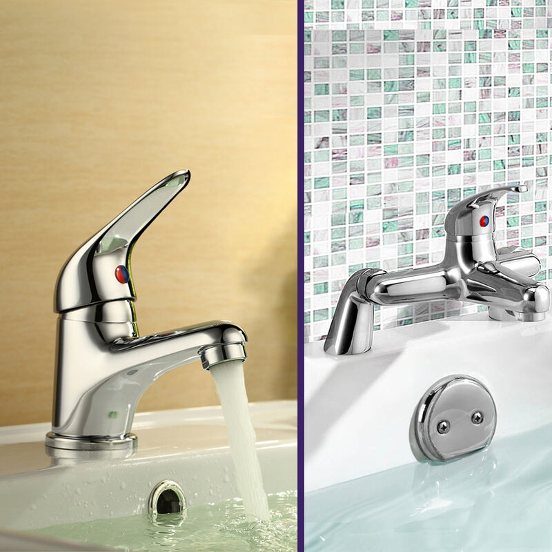 Nes Home - Studio Contemporary Bathroom Basin Single Lever Mixer Tap & Deck Mounted Bath Filler & Waste