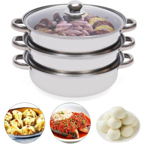 Dampfgarer Edelstahl Dampf Topf Set Dampf Kochtopf Kochtopf mit Glasdeckel Dampfgarer 28cm (3 Stöckiger)