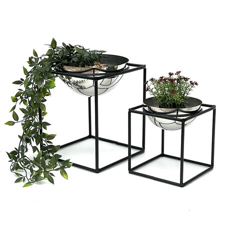 DanDiBo Blumenhocker Metall mit Topf Schwarz Silber Blumenständer 96256 2er Set Blumensäule Modern Pflanzenständer Pflanzenhocker